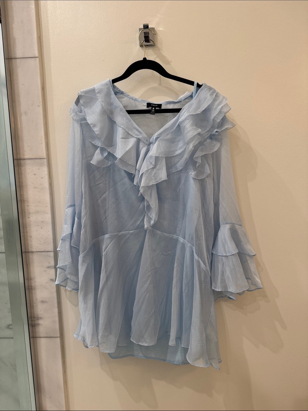Aqua Pale Blue Ruffle V-Neck Peasant Blouse